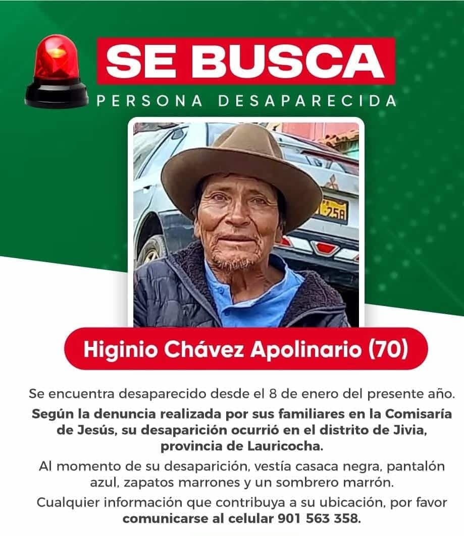 Lauricocha: Familia busca a adulto mayor desaparecido desde el 13 de enero y solicita apoyo de autoridades
