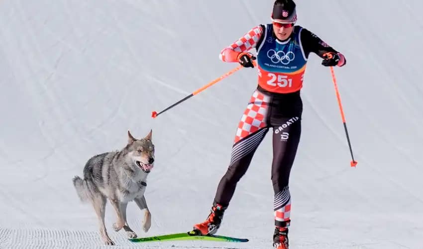 Perro lobo invade prueba de esquí en Milán-Cortina 2026 y se vuelve viral