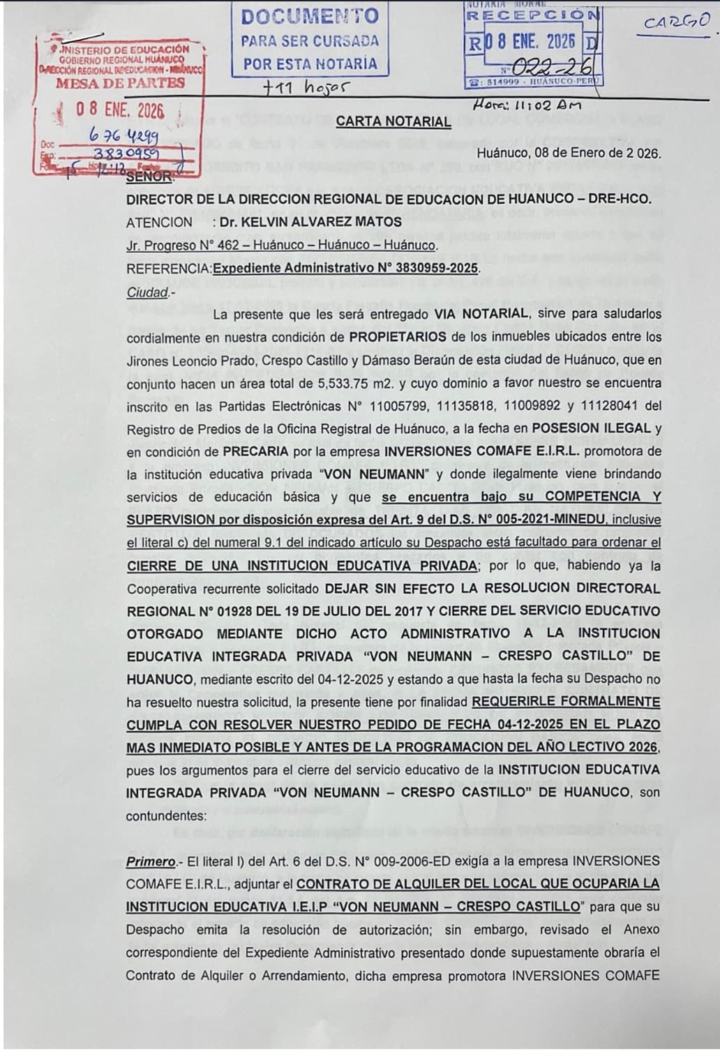 Cooperativa exige cierre definitivo de colegio Von Neumann en Huánuco por presunta autorización irregular