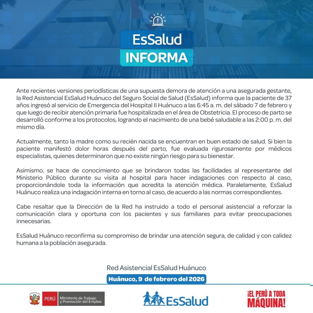 EsSalud Huánuco afirma que atención de parto se realizó conforme a protocolos médicos