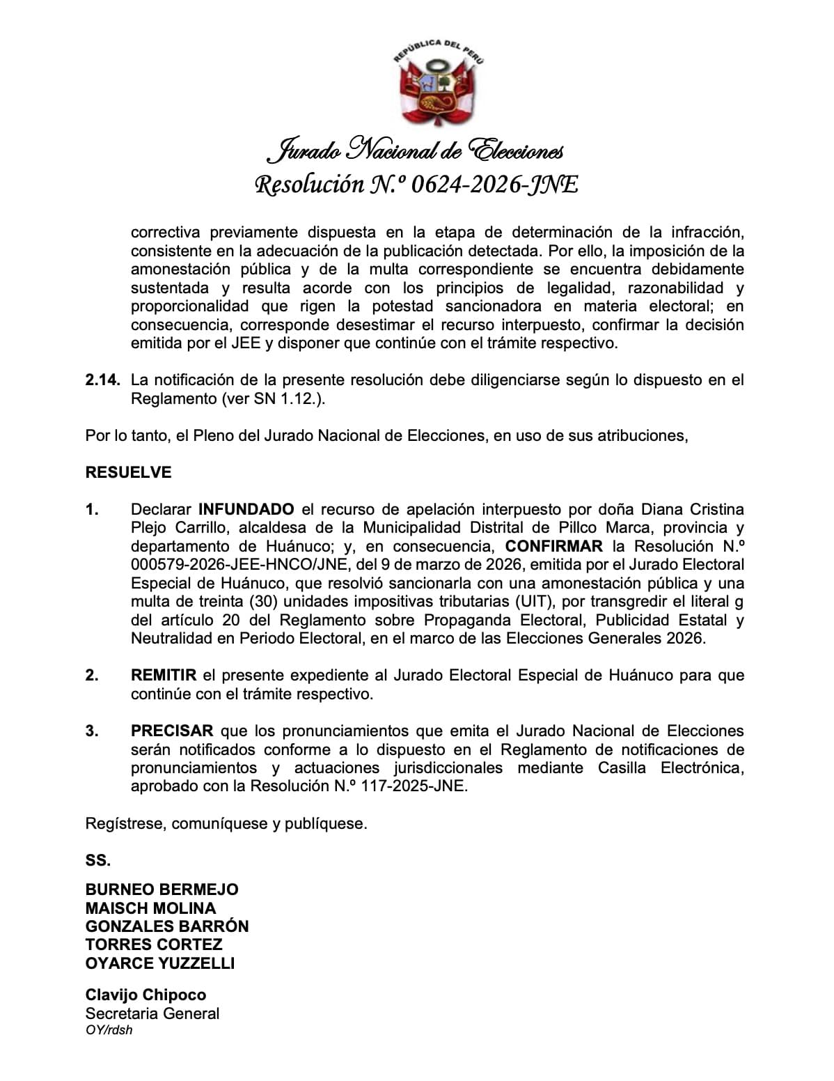 JNE confirma multa a alcaldesa de Pillco Marca por panel con su nombre