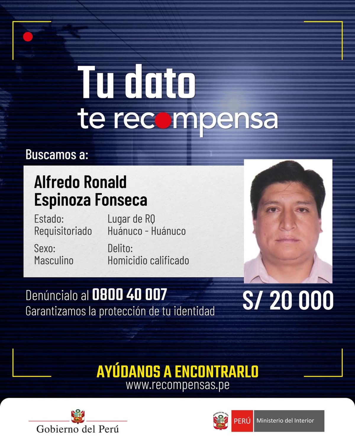 Mininter ofrece S/ 20 mil por captura de exalcalde sentenciado por homicidio calificado