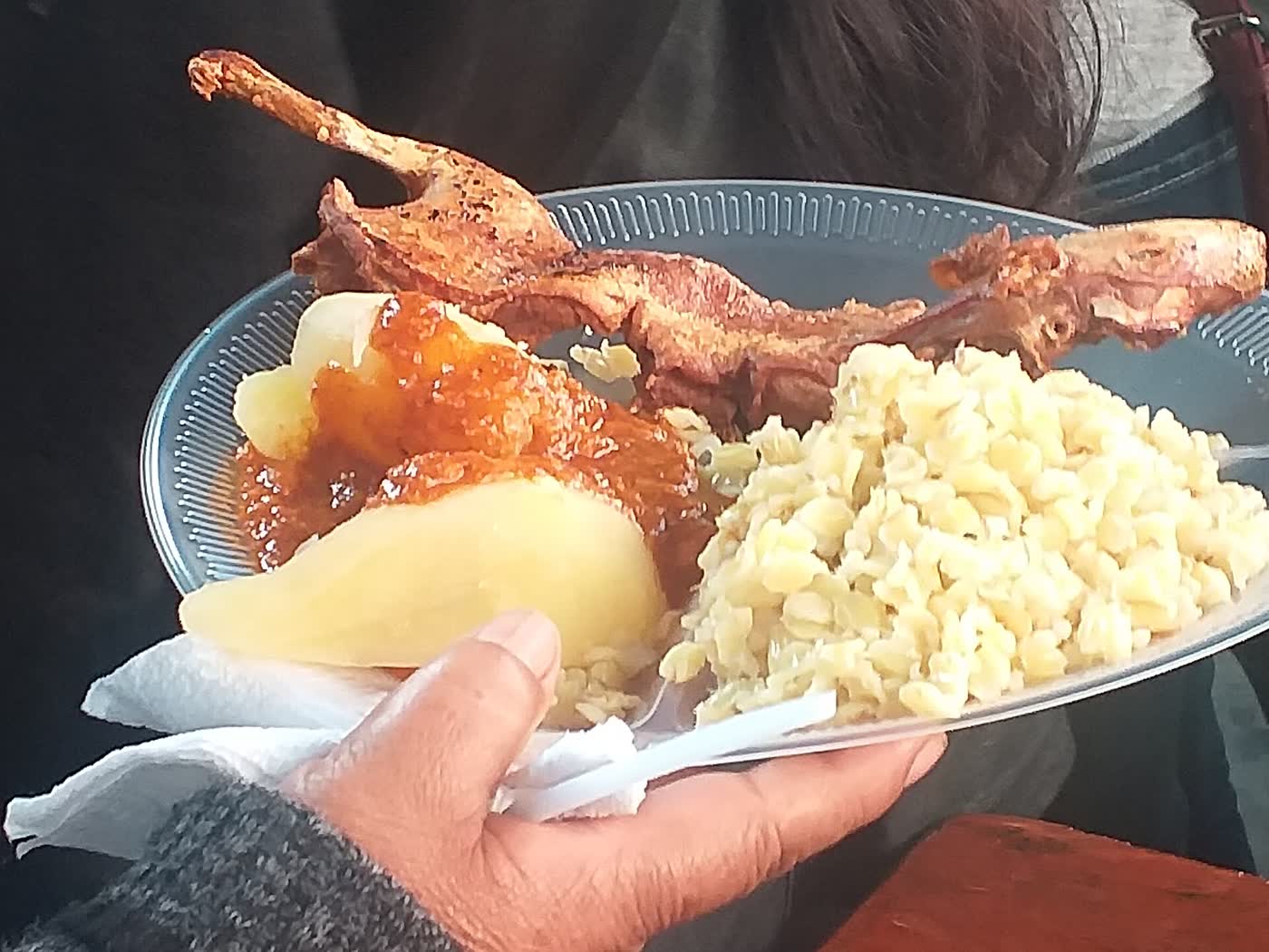Plato de picante de cuy servido con papas