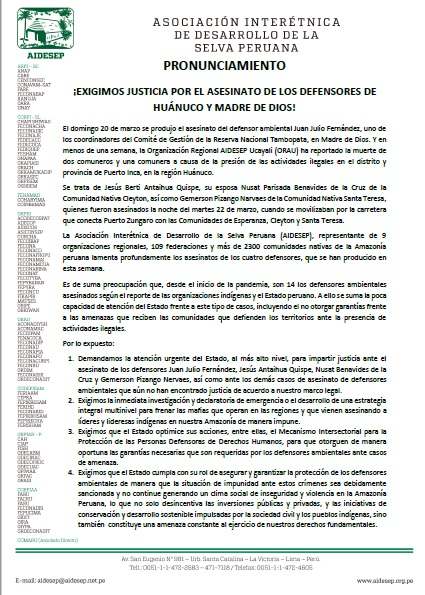 Piden justicia ante asesinatos de defensores ambientales en Madre de Dios y Huánuco