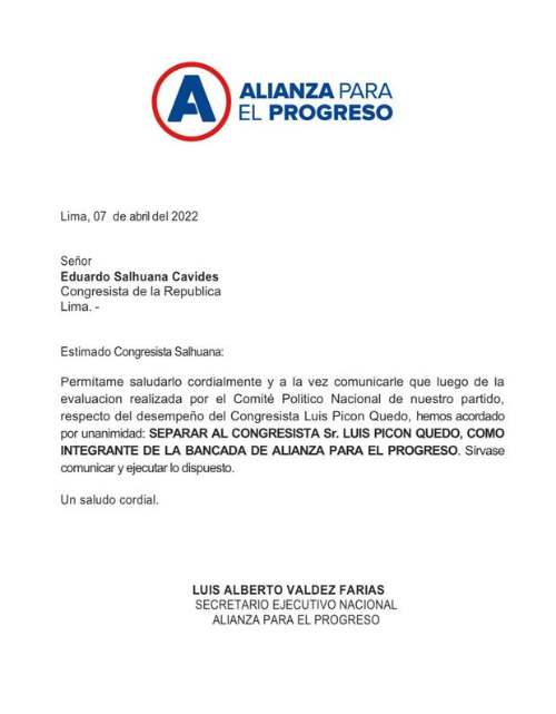 Comité Político Nacional de APP decidió separar a Luis Picón de la bancada