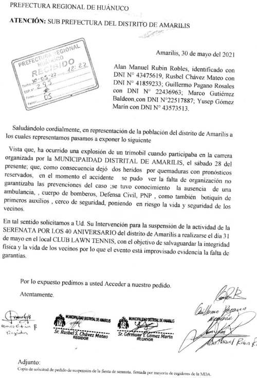 Regidores piden suspensión de serenata por aniversario de Amarilis