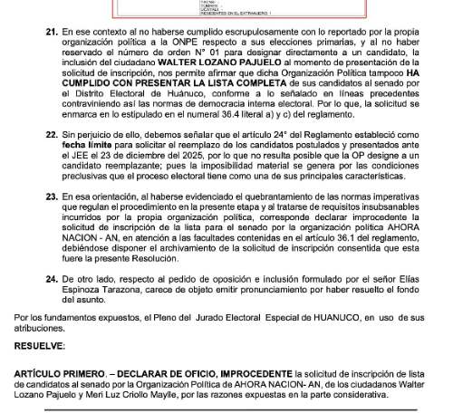 JEE Huánuco rechaza lista al Senado de Ahora Nación por incumplir normas internas