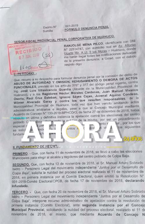 Alcalde y regidores de Huánuco denunciados por caso Colpa Baja