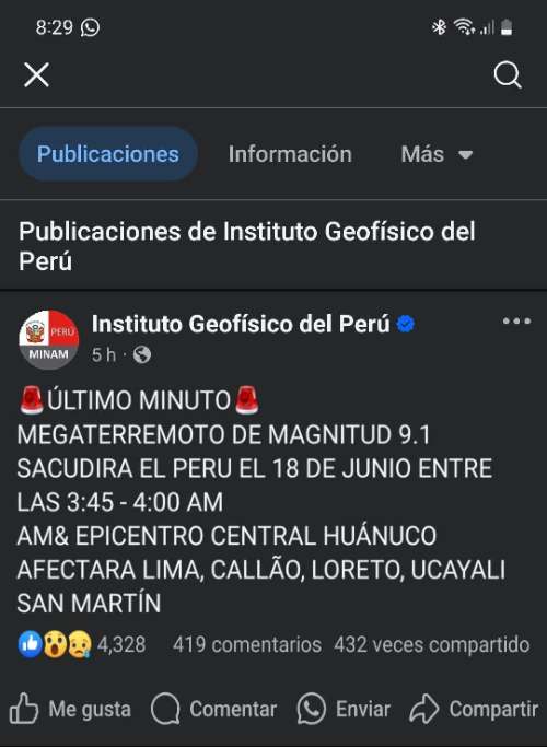 ALERTA | IGP desmiente falsa predicción de terremoto masivo en redes sociales