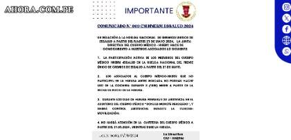 Médicos y enfermeras de EsSalud inician huelga nacional el 21 de mayo