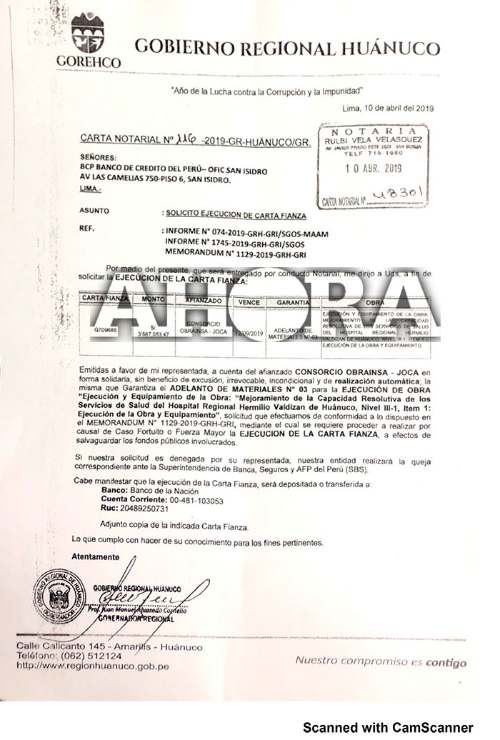 Gorehco pide ejecución de cartas fianza de Obrainsa
