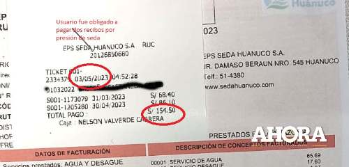 Sunass evalúa sancionar a Seda Huánuco por obligar a usuario pagar doble recibo
