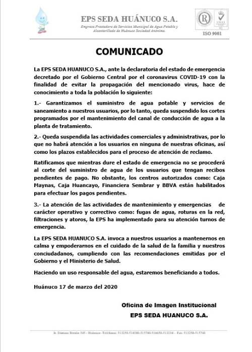 SEDA suspende corte de servicio agua potable