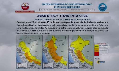 Alerta por lluvias intensas de hasta 65 mm por día, con riesgo de granizo y nieve