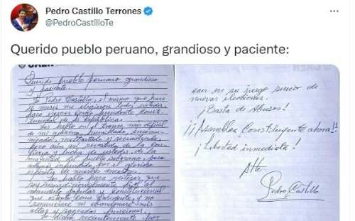Pedro Castillo exhorta su libertad y llama “usurpadora” a Dina Boluarte