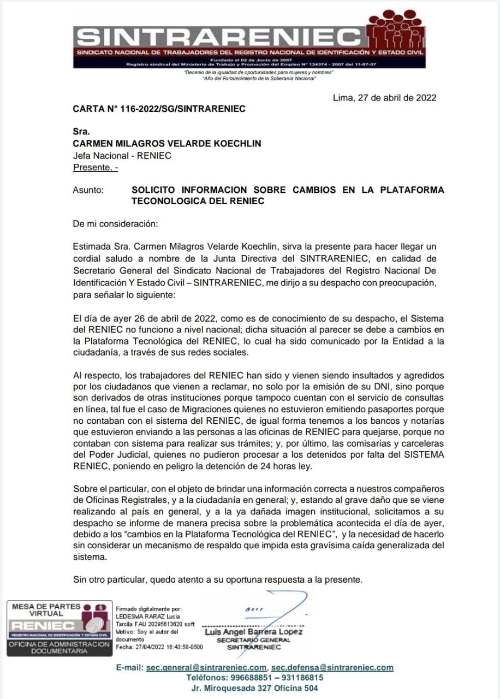 RENIEC se quedó un día completo sin sistema en su plataforma tecnológica