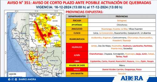 Lluvias intensas Alerta ante posible activación de quebradas en Huánuco, Junín, Lima y Pasco