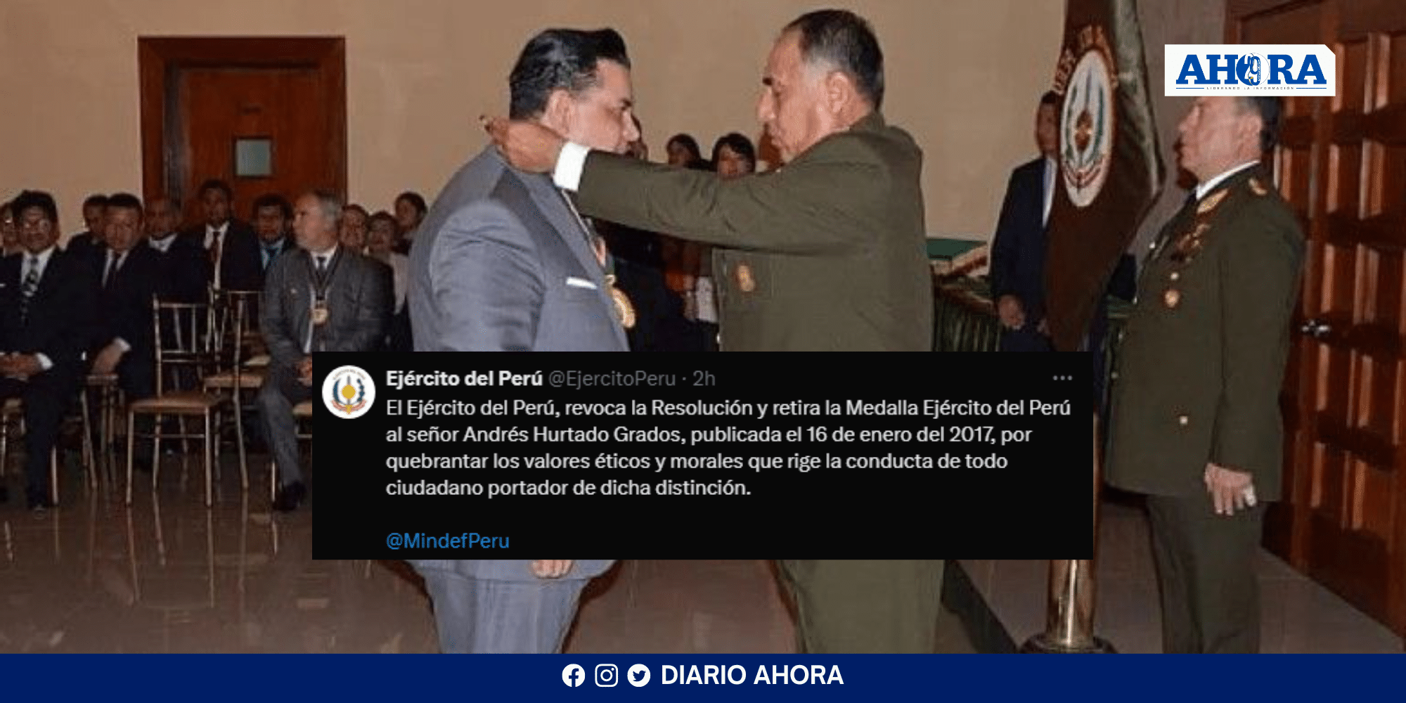 Ejército del Perú retira condecoración a Andrés Hurtado tras acusaciones de tráfico de influencias