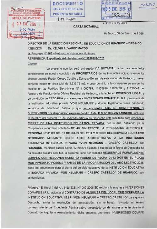 Cooperativa exige cierre definitivo de colegio Von Neumann en Huánuco por presunta autorización irregular