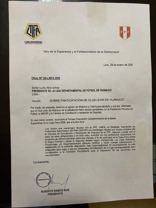 Liga Nacional advierte al León de Huánuco por deudas pendientes