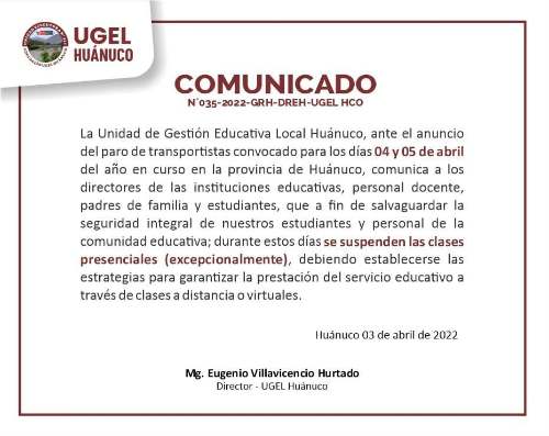 Ugel Huánuco suspende clases ante paro de transportistas