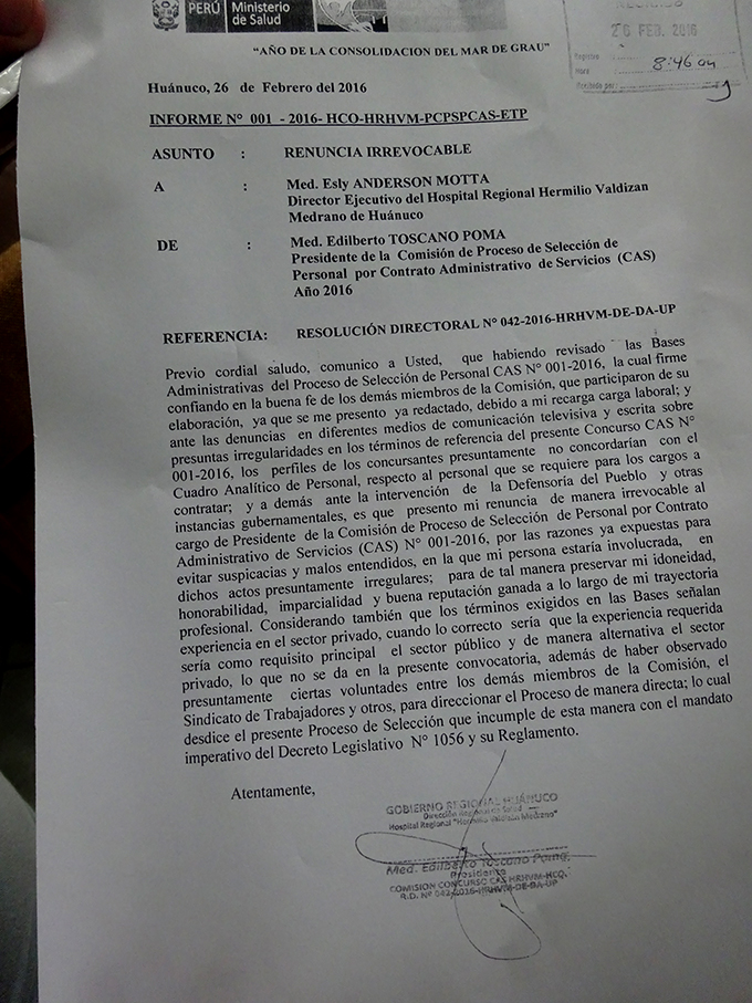 Escándalo en Hospital Hermilio Valdizán por concurso cas