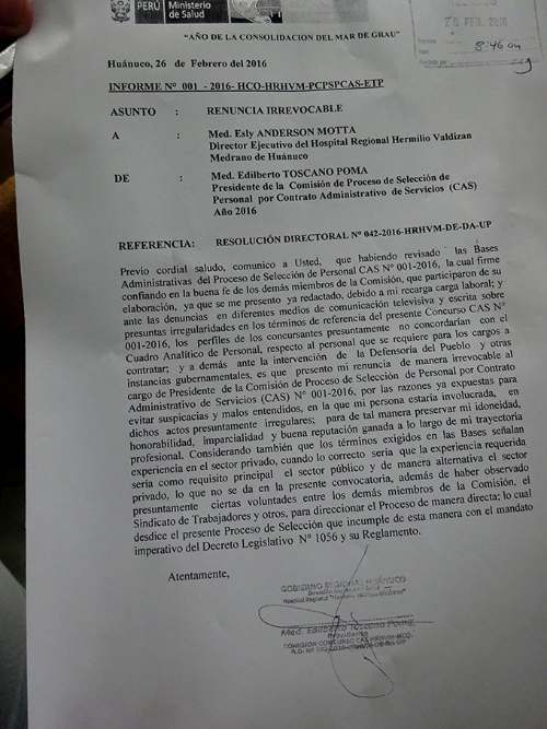 Escándalo en Hospital Hermilio Valdizán por concurso cas
