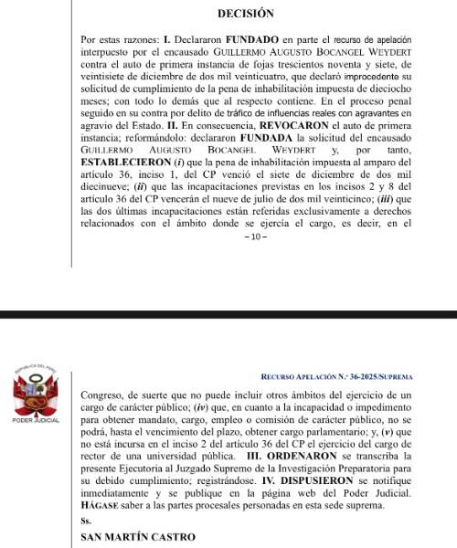 Corte Suprema declara fundada apelación de Guillermo Bocangel por caso de tráfico de influencias