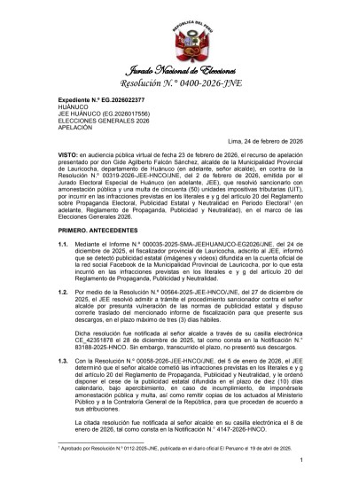 Jurado Nacional de Elecciones ratifica multa de 50 UIT a alcalde de Lauricocha