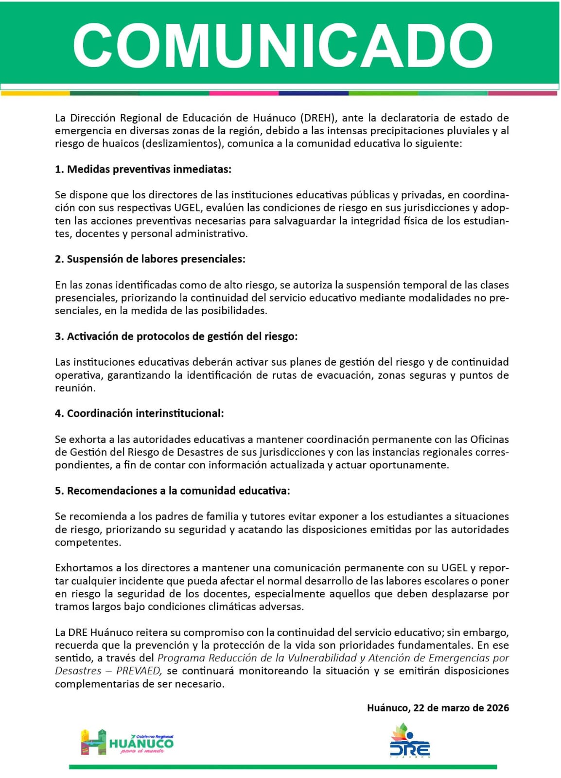 Suspensión de clases y alertas: DRE Huánuco activa medidas por lluvias y huaicos