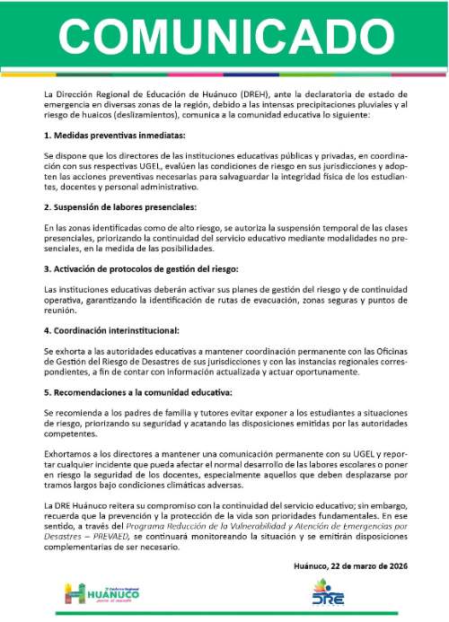 Suspensión de clases y alertas: DRE Huánuco activa medidas por lluvias y huaicos