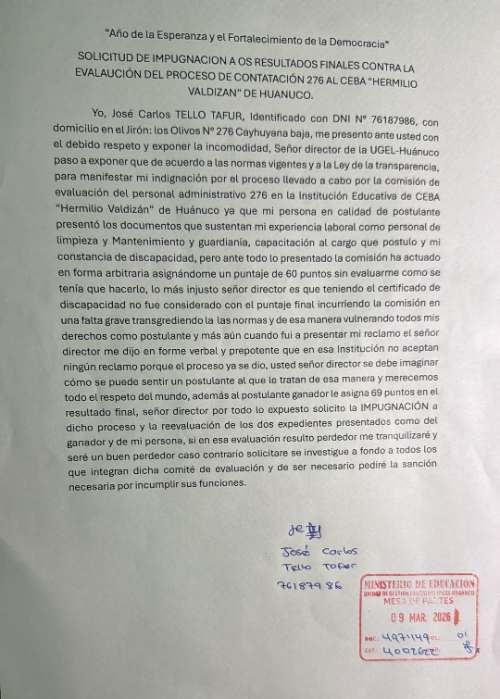 Denuncian presunta discriminación en contratación del CEBA Hermilio Valdizán en Huánuco