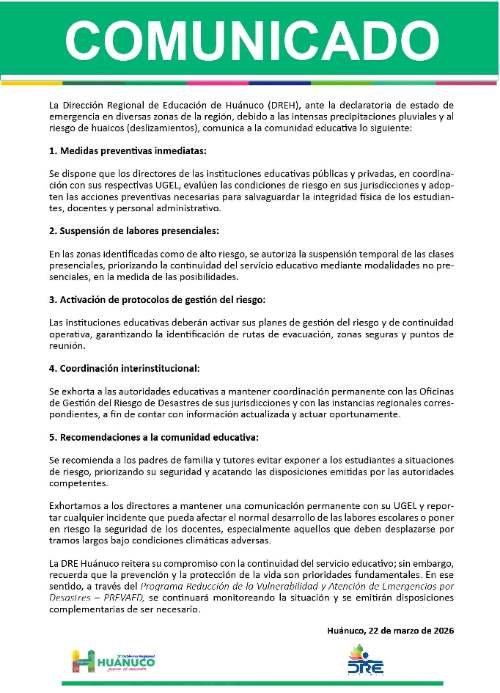 DRE Huánuco suspende clases presenciales en zonas de alto riesgo por lluvias y huaicos