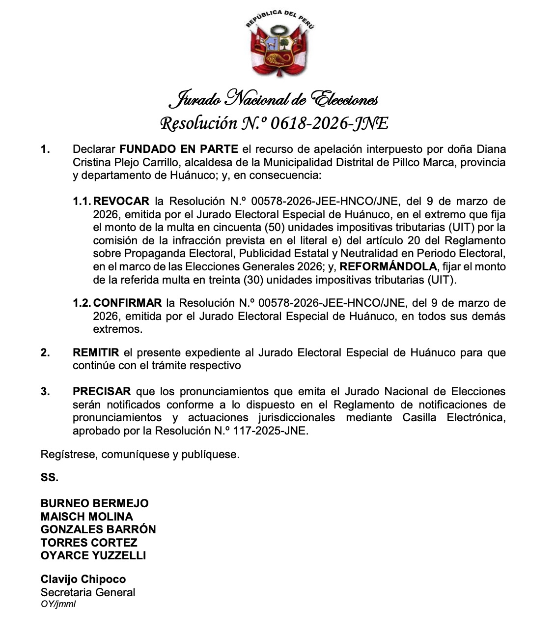 JNE confirma segunda sanción a alcaldesa de Pillco Marca y suma 60 UIT personales