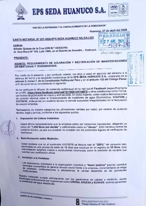 Dirigente denuncia intimidación legal tras revelar errores en facturación