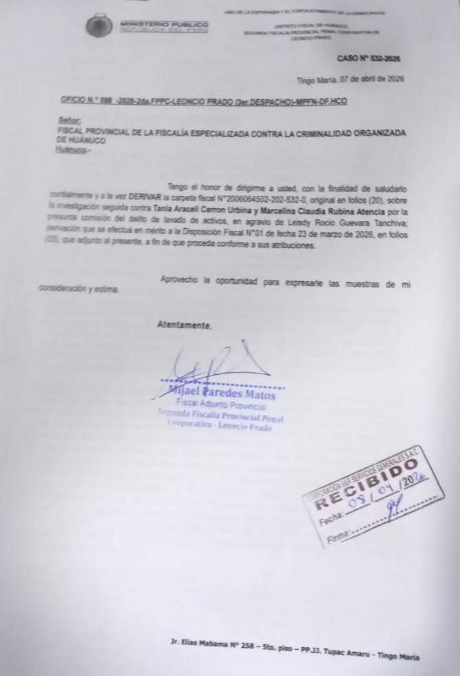 Caso por presunto lavado de activos fue derivado a Fiscalía de Huánuco