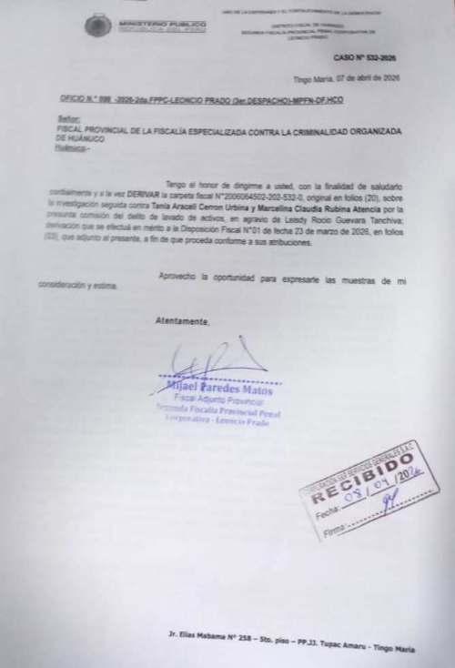 Caso por presunto lavado de activos fue derivado a Fiscalía de Huánuco