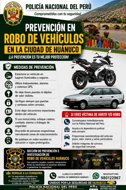 Refuerzan campaña contra robo de vehículos y extorsión en Huánuco