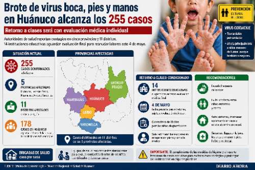 Brote de virus boca, pies y manos en Huánuco alcanza los 255 casos y condiciona el retorno a clases
