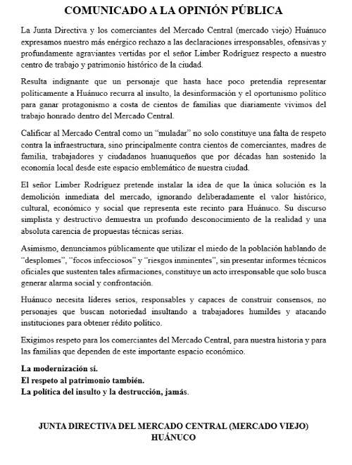 Mercado Central rechaza declaraciones de Limber Rodríguez y defiende valor histórico del recinto
