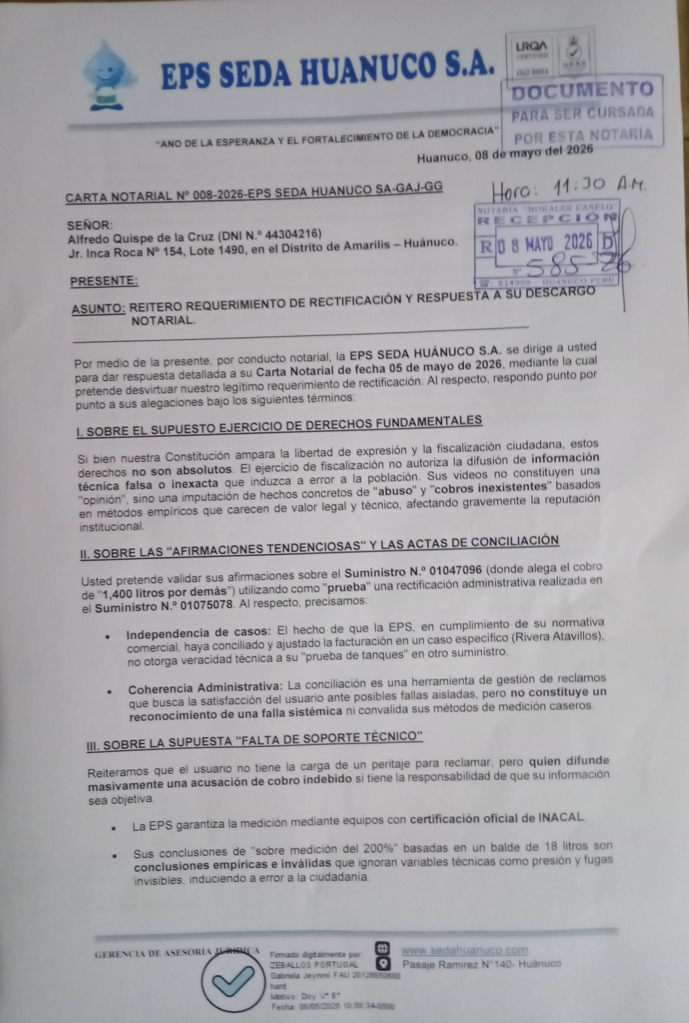Denuncian presión legal de SEDA Huánuco tras reclamos por recibos elevados