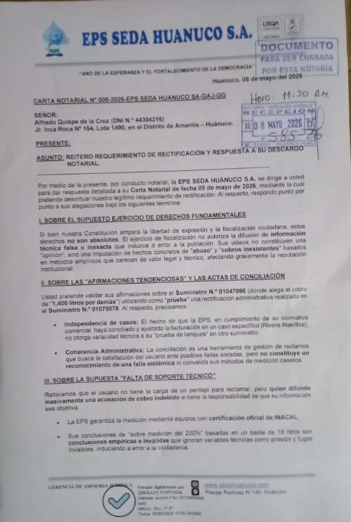 Denuncian presión legal de SEDA Huánuco tras reclamos por recibos elevados