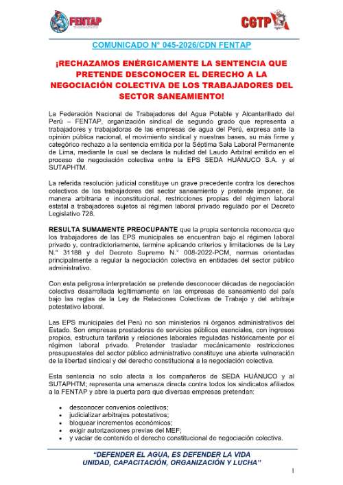 Sindicatos del agua rechazan nulidad de negociación colectiva y exigen cambios en Sedapal