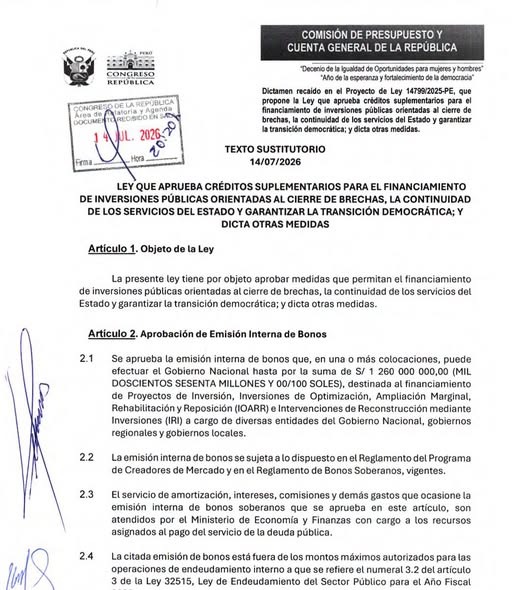 Congreso aprueba paquete de S/9.596 millones y autoriza bonos por hasta S/1.260 millones