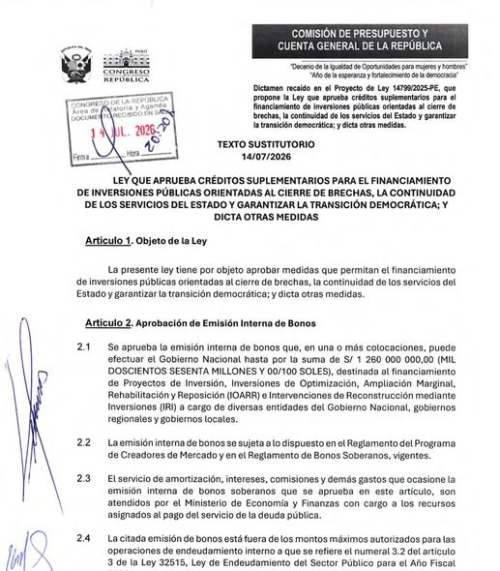Congreso aprueba paquete de S/9.596 millones y autoriza bonos por hasta S/1.260 millones