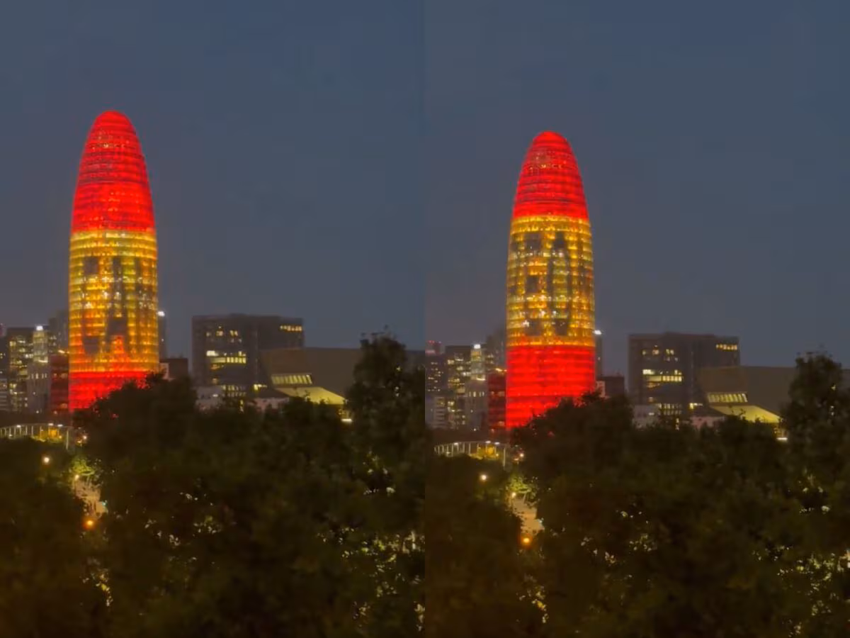 Torre Agbar de Barcelona se iluminó con bandera de España y mensaje “Campeones” a días de la final del Mundial 2026