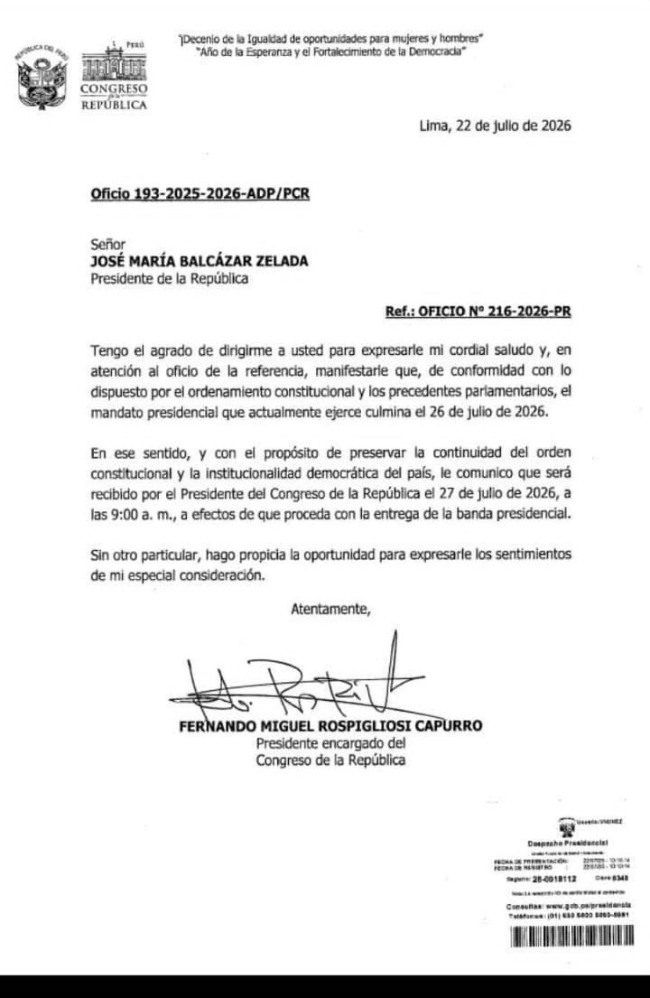 Congreso exige que Balcázar deje la Presidencia el 26 de julio y abre controversia sobre la sucesión