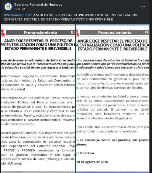 ANGR rechaza devolver Salud y Educación a Lima ante críticas por gestión regional