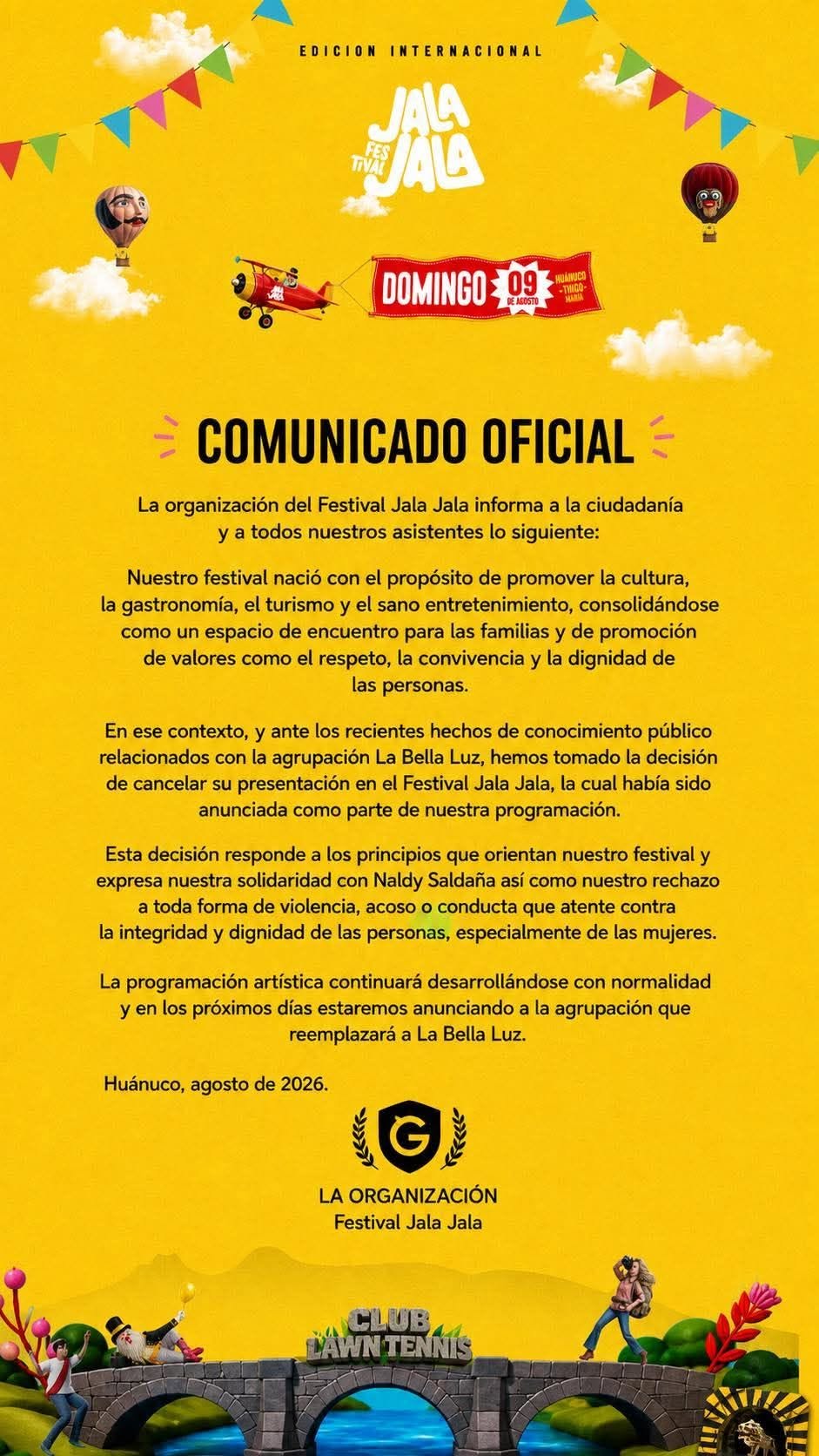 Festival Jala Jala cancela presentación de La Bella Luz tras denuncia de Naldy Saldaña