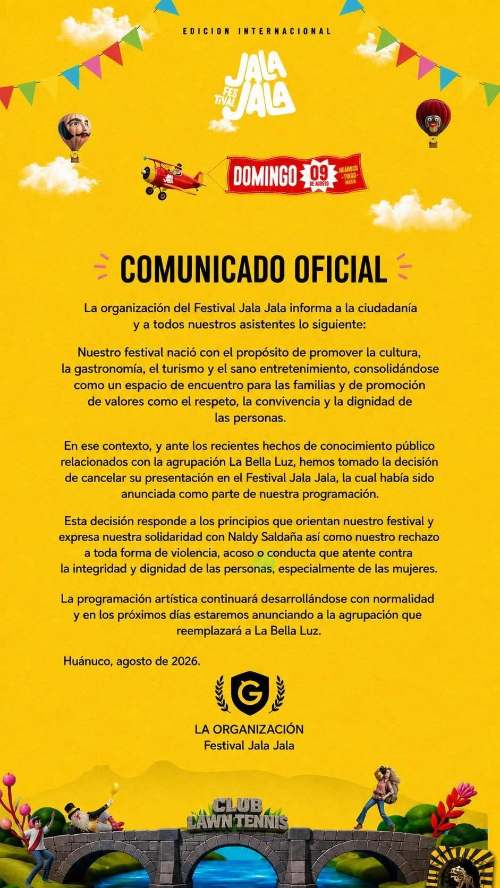 Festival Jala Jala cancela presentación de La Bella Luz tras denuncia de Naldy Saldaña